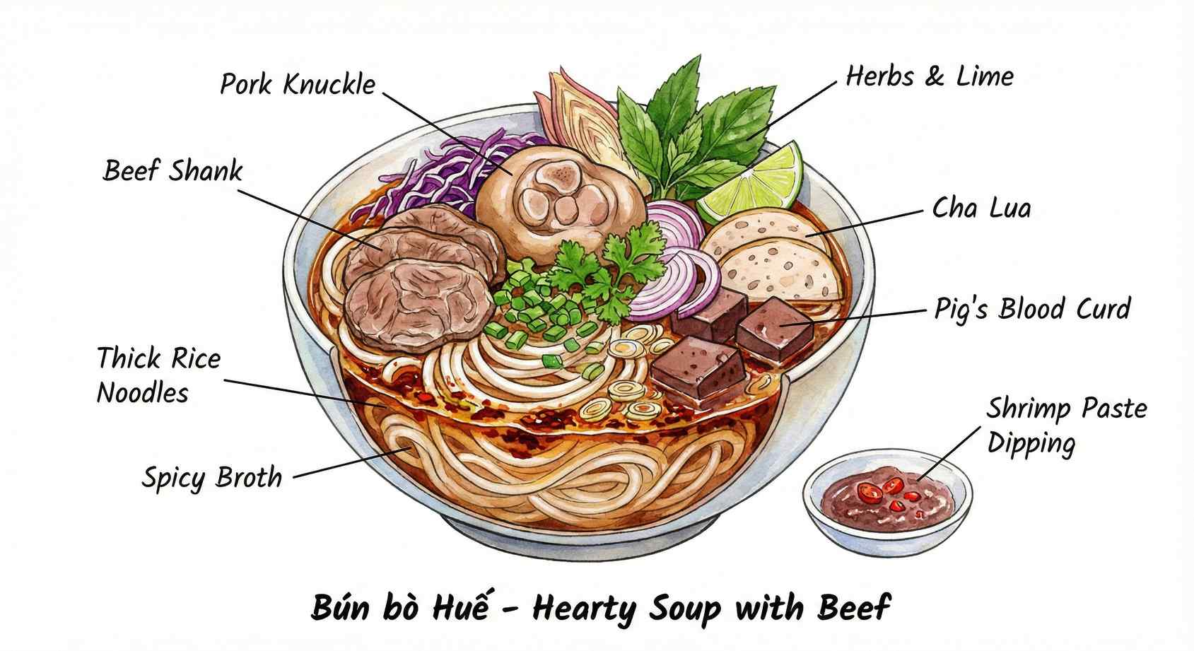 Bún Bò Huế ingredients sketch